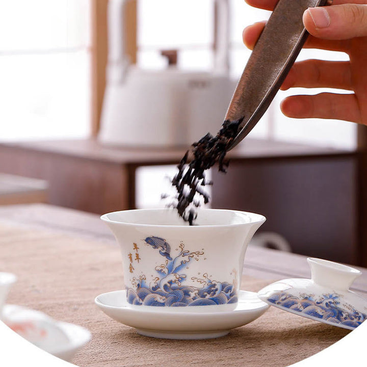 Taza de té y platillo con tapa, porcelana blanca, paisaje de montaña, campo, cerámica, Gaiwan, Kung Fu , Buddha Stones