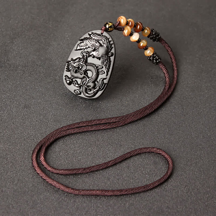 Colgante de collar con cuentas de protección de dragón y fénix de ojo de tigre de obsidiana negra