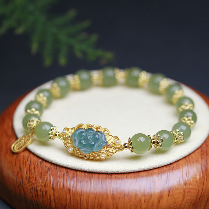 Pulsera de la suerte de loto de jade hetiano de plata de ley 925 chapada en oro de 14 quilates