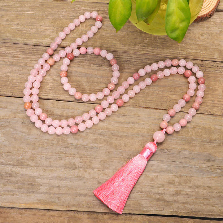 Pulsera con borlas de amor de cristal rosa de 108 cuentas Mala
