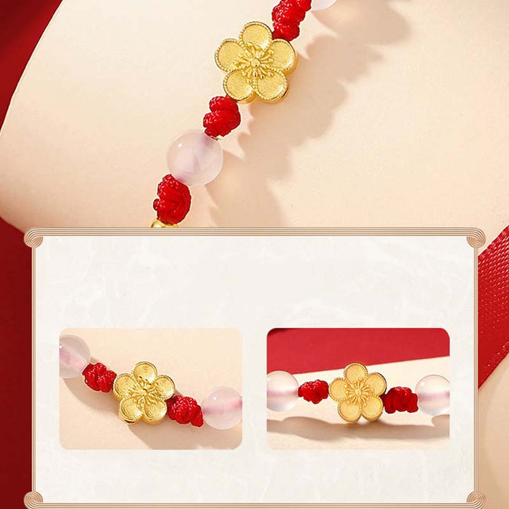 Pulsera de cuerda roja de la suerte con cuentas de calcedonia, cereza, flor de melocotón, Plata de Ley 925 hecha a mano con Buddha Stones