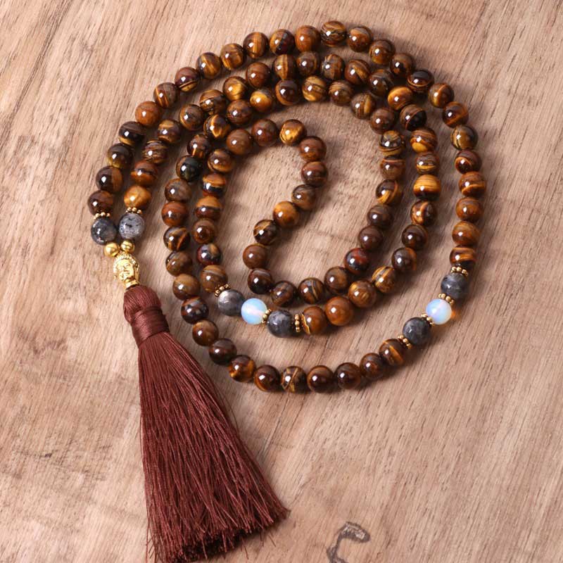 Collar con colgante de borla con cuentas de poder de fuerza de Buda de ojo de tigre tibetano con Buddha Stones