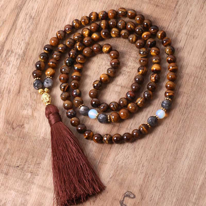 Collar con colgante de borla con cuentas de poder de fuerza de Buda de ojo de tigre tibetano con Buddha Stones