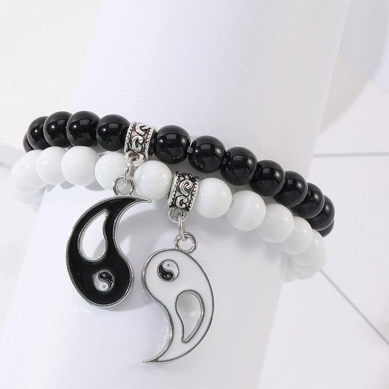 Buddha Stones 2 uds. Pulsera de pareja de protección Yin Yang con cuentas de turquesa blanca y ónix negro - image 4