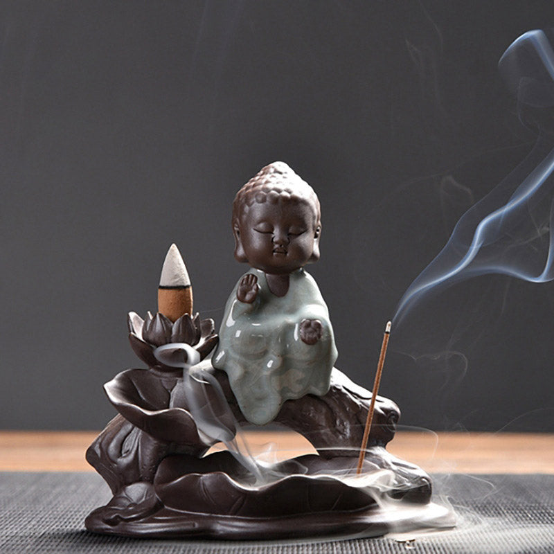 Quemador de incienso con bendición de loto de cerámica, Buddha Stones , pequeño monje, decoración