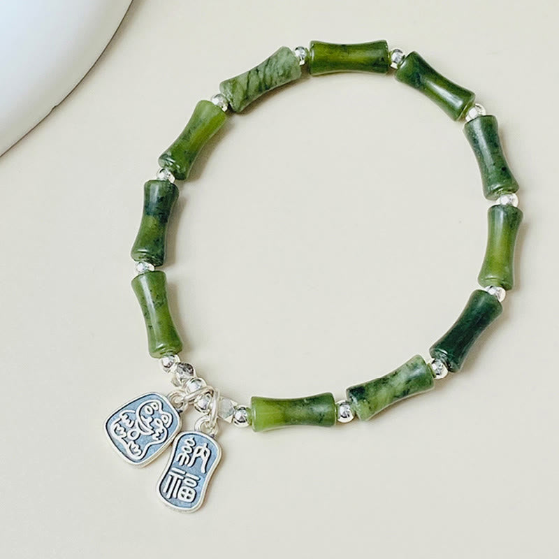 Pulsera de plata de ley 925 con Buddha Stones , bambú, jade, gato de la suerte, carácter Fu, suerte y abundancia - image 1