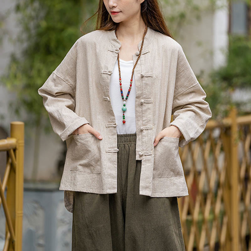 Camisa con diseño de botones de rana y Buddha Stones , ropa superior para meditación de Tai Chi, chaqueta de lino de ramio