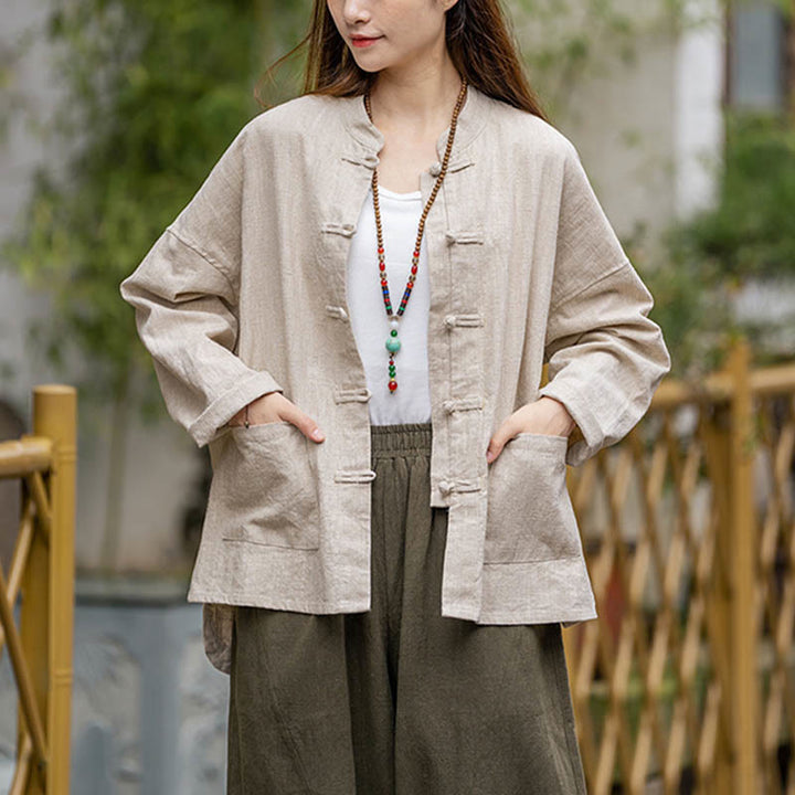 Camisa con diseño de botones de rana y Buddha Stones , ropa superior para meditación de Tai Chi, chaqueta de lino de ramio