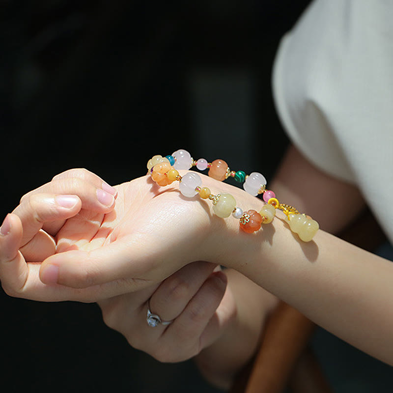 Pulsera de abalorios de riqueza con cuentas de calabaza Pixiu, cristales de Jade de seda dorada Natural