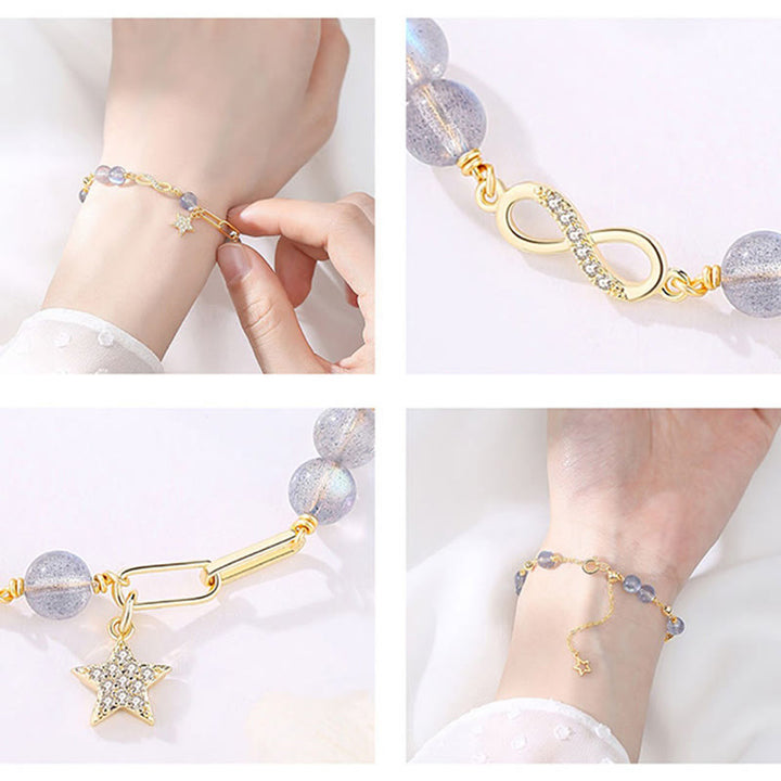 Buddha Stones chapadas en oro de 14 quilates, cuarzo fresa natural, piedra lunar, lazo de Möbius, pulsera positiva con estrella de amor eterno