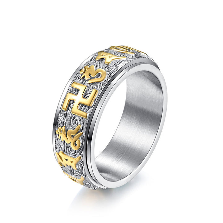 Anillo de acero de titanio con Buddha Stones, seis palabras verdaderas, equilibrio tranquilo