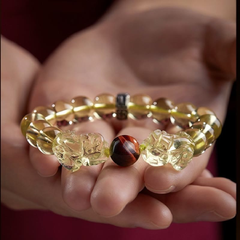 Pulsera de protección de prosperidad de ojo de tigre doble PiXiu de citrino natural de Buddha Stones
