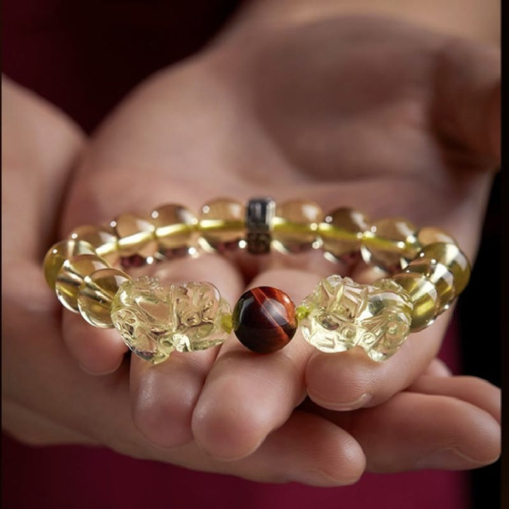 Pulsera de protección de prosperidad de ojo de tigre doble PiXiu de citrino natural de Buddha Stones