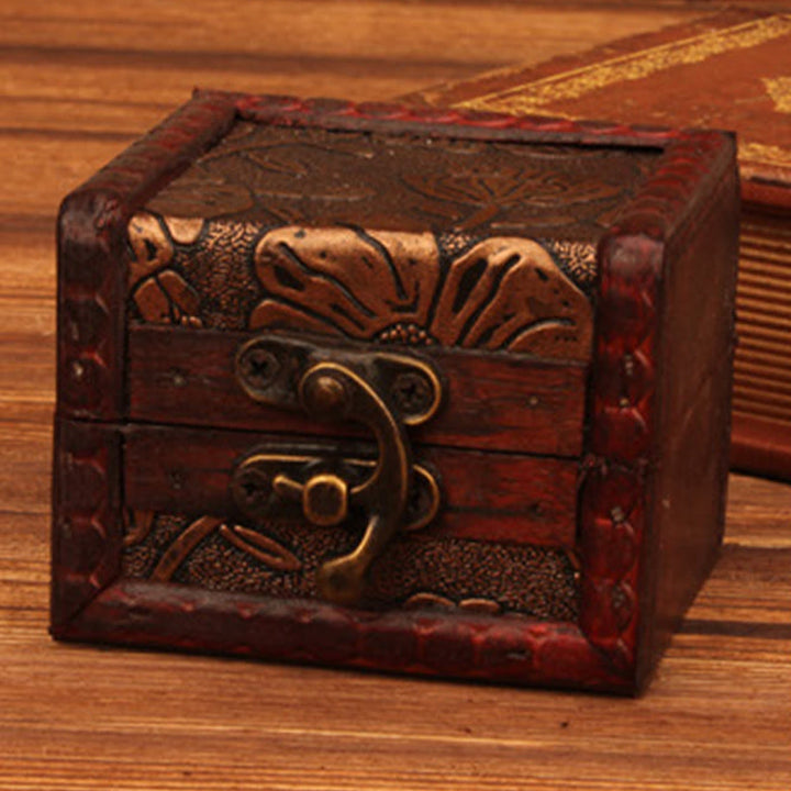 Caja de joyería de madera cuadrada pequeña Retro con Buddha Stones , flor de loto, uva, cobre, moneda, narciso, caja de almacenamiento de joyería
