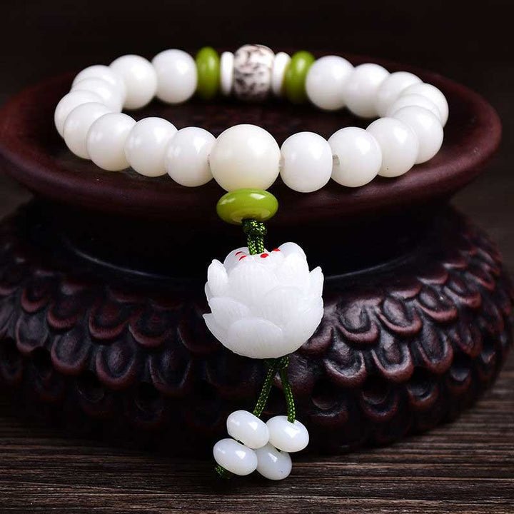 Pulsera de la suerte con semillas de Bodhi, color blanco natural, con Buddha Stones