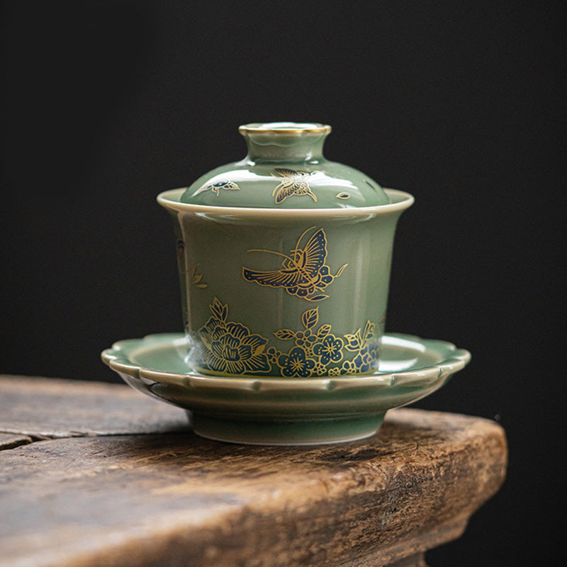 Buddha Stones de porcelana verde, mariposa, flor, salmón, pescado, cerámica, Gaiwan Sancai, taza de té de Kung Fu y platillo con tapa