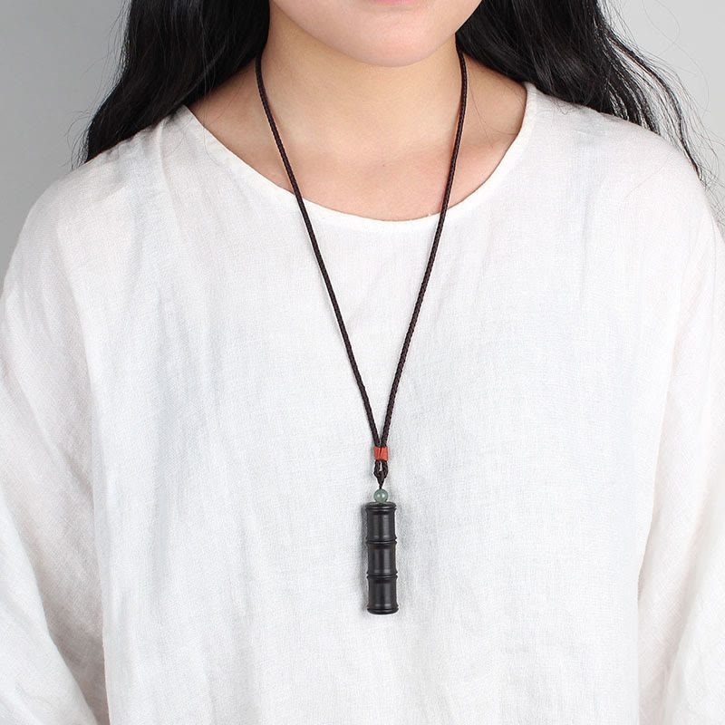 Buddha Stones madera de ébano patrón de bambú Ghau caja de oración collar de paz colgante