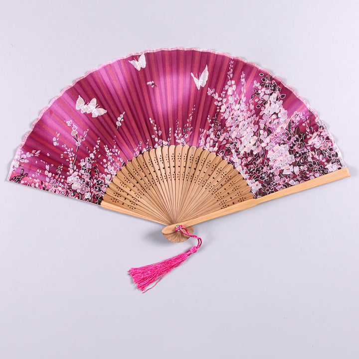 Abanico plegable de bambú de seda de mano con flores de mariposa y Buddha Stones
