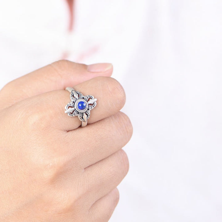Anillo ajustable positivo de lazurita natural de plata de ley 925 con Buddha Stones del Tíbet
