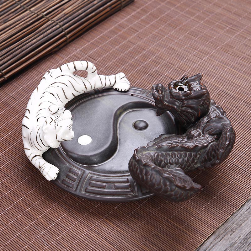 Fuente de humo de reflujo de dragón tigre, decoración de quemador de incienso de bendición Yin Yang de cerámica