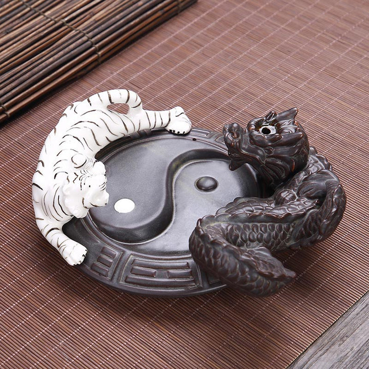 Fuente de humo de reflujo de dragón tigre, decoración de quemador de incienso de bendición Yin Yang de cerámica