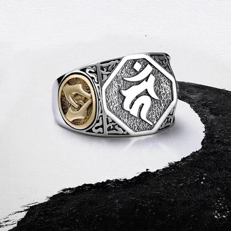Anillo ajustable de protección tallada con diseño sánscrito de plata de ley 925 con Buddha Stones