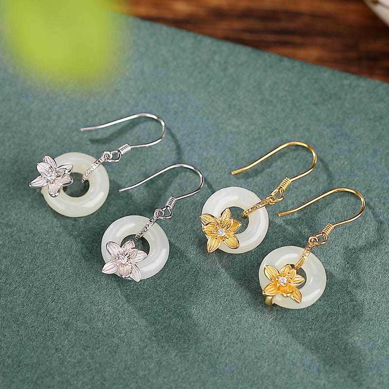 Pendientes de plata de ley 925 con Buddha Stones , jade hetiano, hebilla de la paz, orquídea y prosperidad