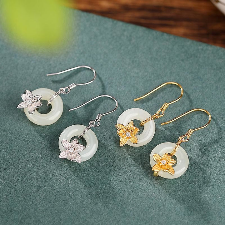 Pendientes de plata de ley 925 con Buddha Stones , jade hetiano, hebilla de la paz, orquídea y prosperidad