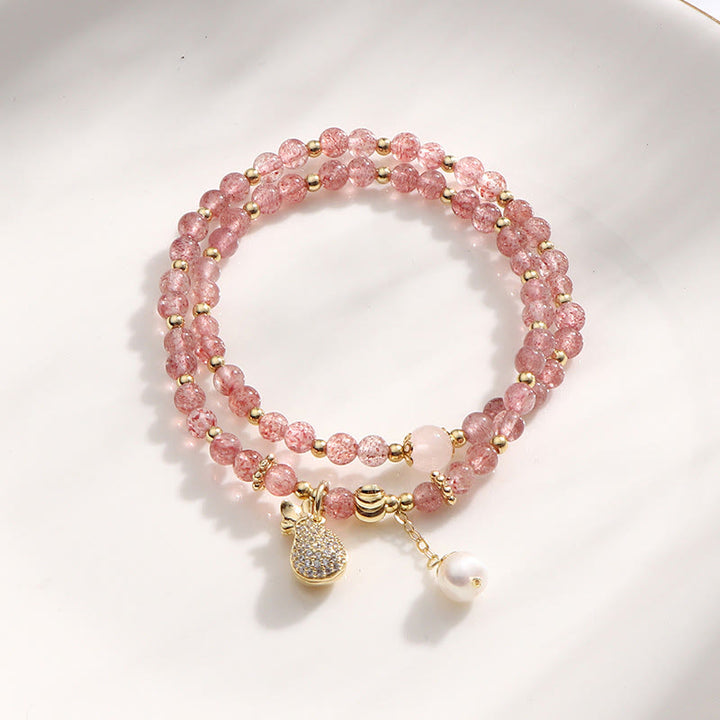 Pulsera de doble envoltura con dije positivo para bolsa de dinero de cuarzo fresa con Buddha Stones
