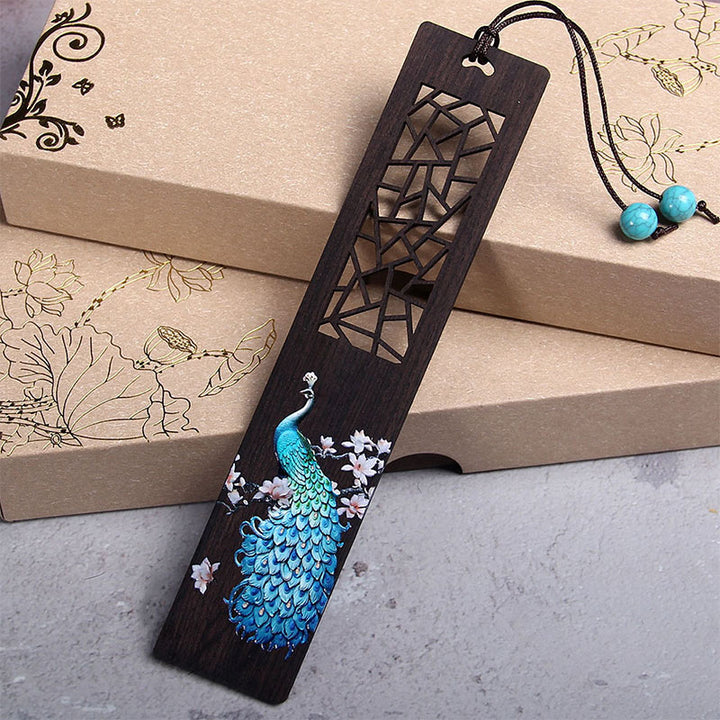 Marcadores de libros de madera de ébano y pavo real azul con Buddha Stones y caja de regalo