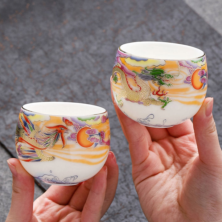 Taza de té de cerámica con Buddha Stones, dragón, Fénix, nubes propicias, sol, olas del océano, taza de té de Kung Fu
