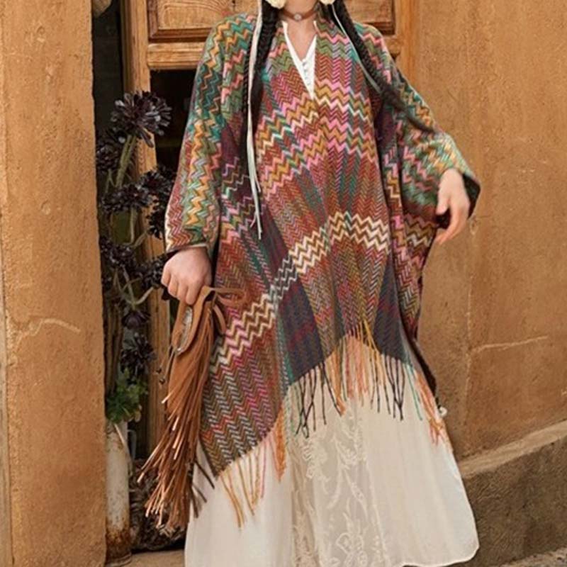 Chal tibetano con Buddha Stones , coloridas formas onduladas a rayas, borlas, bufanda de viaje acogedora para invierno