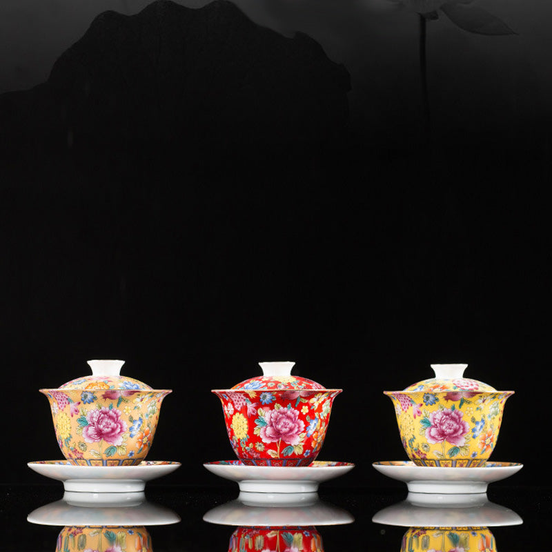 Taza de té y platillo con tapa, Gaiwan Sancai de cerámica, flores de peonía, Buddha Stones , Kung Fu