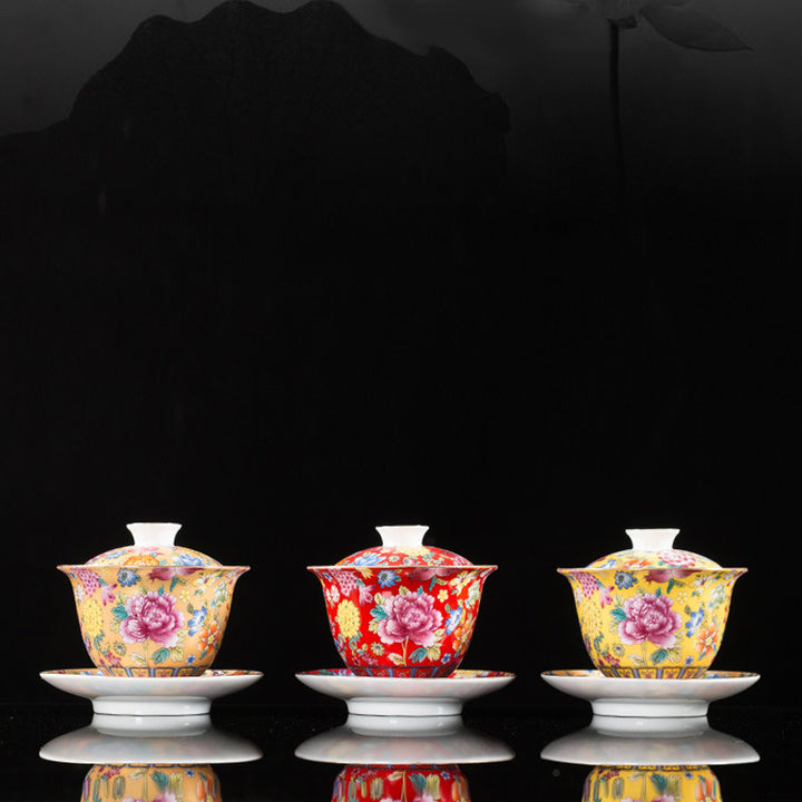 Taza de té y platillo con tapa, Gaiwan Sancai de cerámica, flores de peonía, Buddha Stones , Kung Fu
