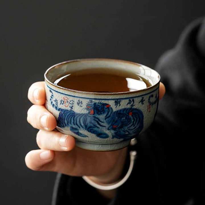 Buddha Stones Jingdezhen pintado a mano lindo tigre taza de té de cerámica Kung Fu taza de té tazón 140ml