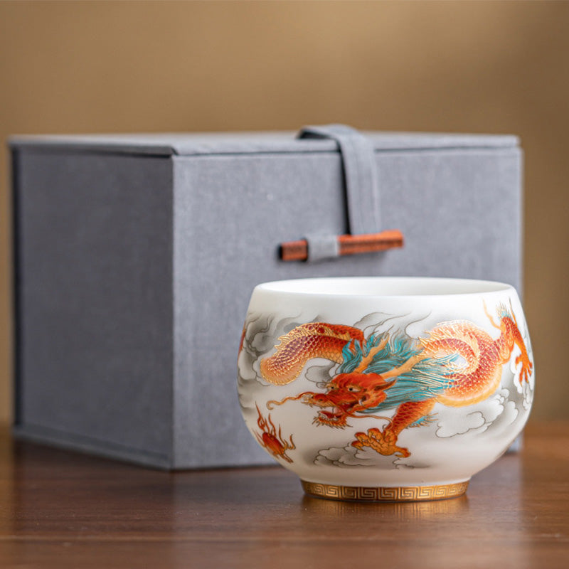 Taza de té de cerámica con caja de regalo, tazas de té de Kung Fu con Buddha Stones , dragón, Fénix, nubes propicias