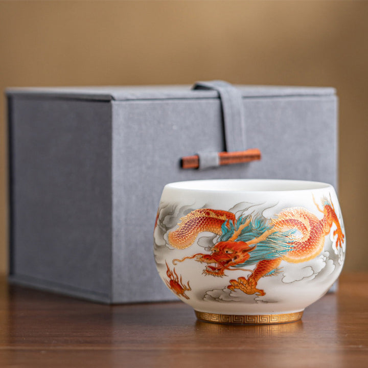 Taza de té de cerámica con caja de regalo, tazas de té de Kung Fu con Buddha Stones , dragón, Fénix, nubes propicias