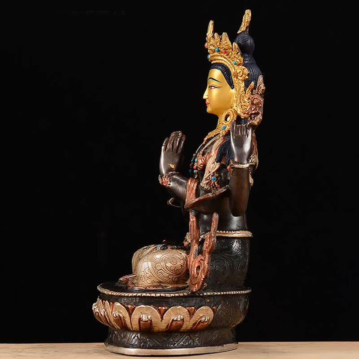 Decoración de estatua de cobre de protección Avalokitesvara de cuatro brazos Bodhisattva Chenrezig