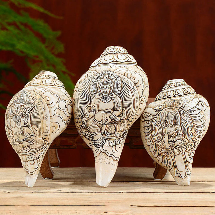 Concha tibetana hecha a mano grabada Shankha Buddha Avalokitesvara, decoración de riqueza