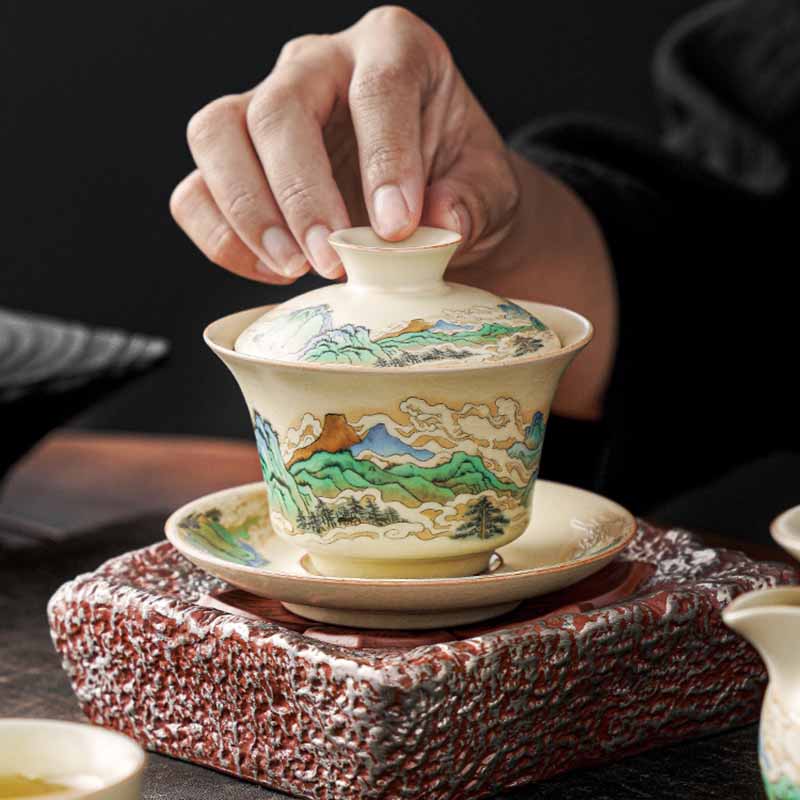 Buddha Stones, un panorama de ríos y montañas, flores, taza de té de cerámica Gaiwan Sancai, taza de té de Kung Fu y platillo con tapa