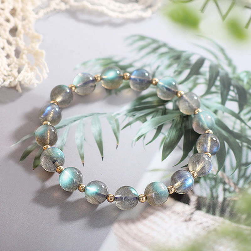 Pulsera de amor curativa con piedra lunar natural chapada en oro de 14 quilates con Buddha Stones