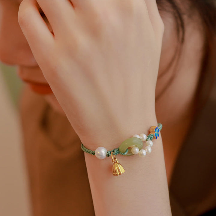 Pulsera trenzada hecha a mano con Buddha Stones, jade hetiano natural, hebilla de la paz, perla de la suerte