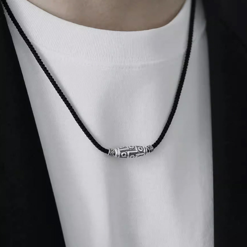 Collar con colgante de cuerda de protección con diseño de cuentas Dzi de nueve ojos de plata de ley 999 con Buddha Stones