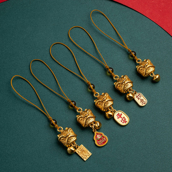 Buddha Stones, León danzante, Ruyi auspicioso, paz segura, cobre rico, riqueza, decoración colgante para teléfono