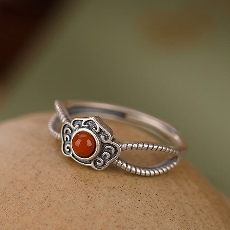 Anillo de pensamiento lógico con cuentas de ágata roja de plata de ley 925 con Buddha Stones