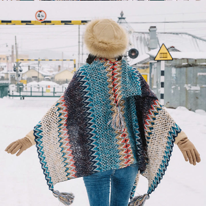 Mantón tibetano de Buddha Stones , bufanda cálida con borlas y patrón ondulado azul, Beige y rojo para invierno