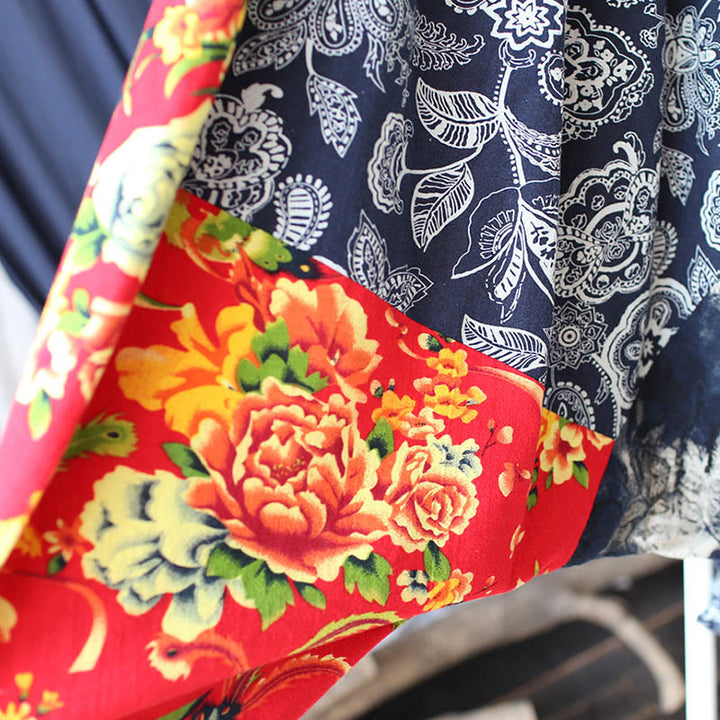 Pantalones bombachos de lino y algodón con retazos de flores de peonía azul y rojo con Buddha Stones y bolsillos