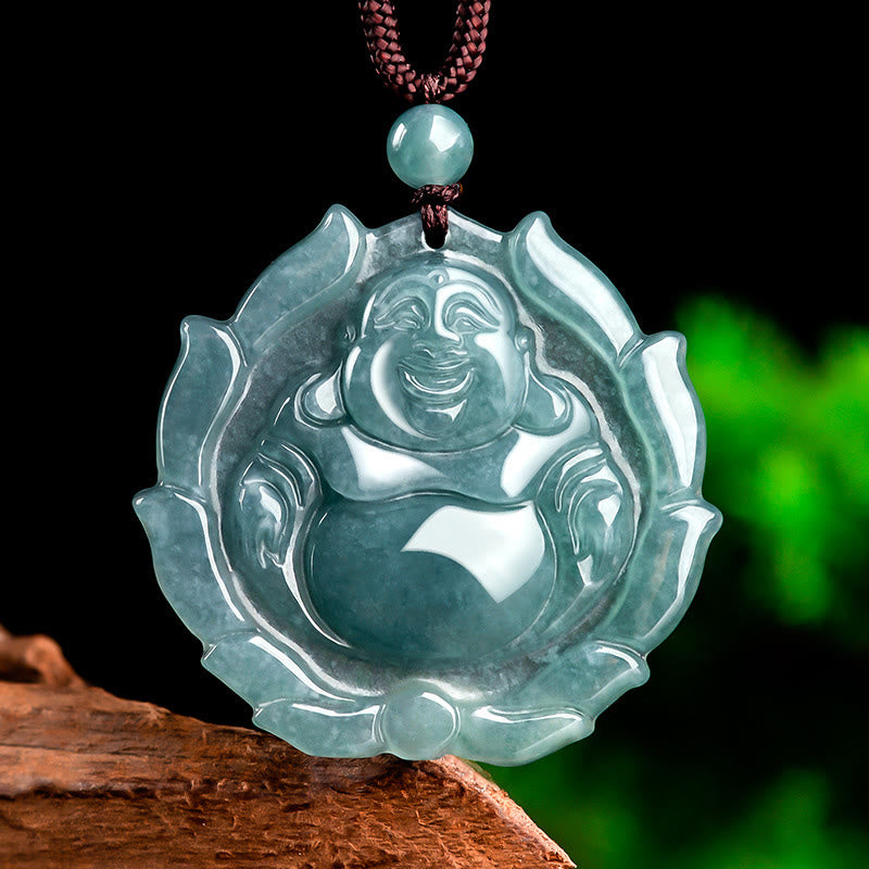 Colgante de collar de la suerte con diseño de loto de Buda sonriente de jade natural con Buddha Stones - Buda sonriente (Felicidad ♥Riqueza) - image 1
