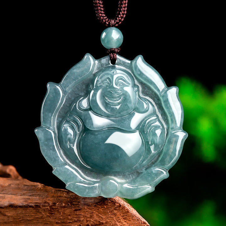Colgante de collar de la suerte con diseño de loto de Buda sonriente de jade natural con Buddha Stones - Buda sonriente (Felicidad ♥Riqueza) - image 1