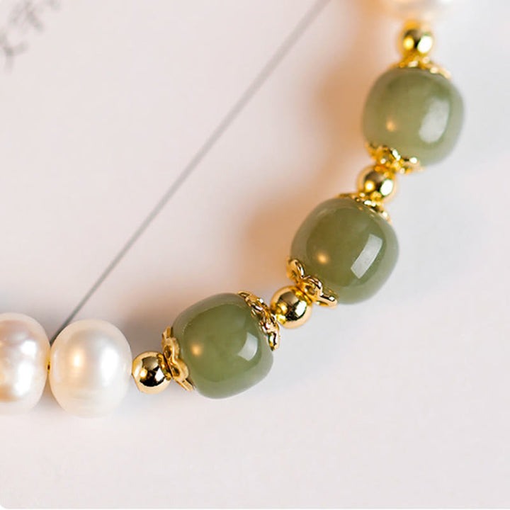 Pulsera de cadena de cuentas de sinceridad de jade blanco de jade cian hetiano de perlas naturales chapadas en oro de 14 quilates